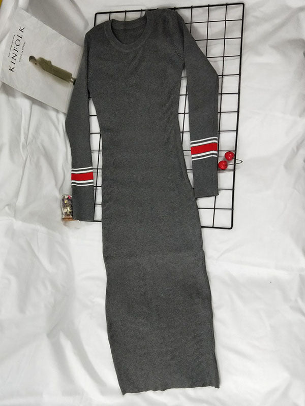 Women Elegant Long Sleeve Bodycon Midi Dress | Slim Fit Mid-Calf Knit