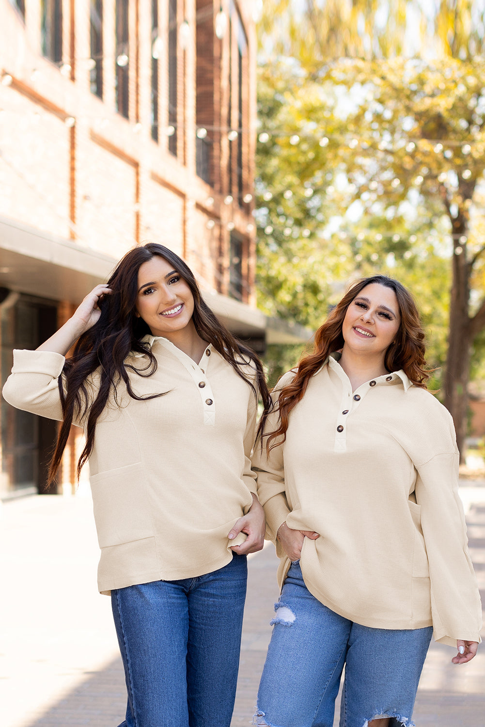 Pink Waffle Long Sleeve Collared Half Button Relaxed Fit Top