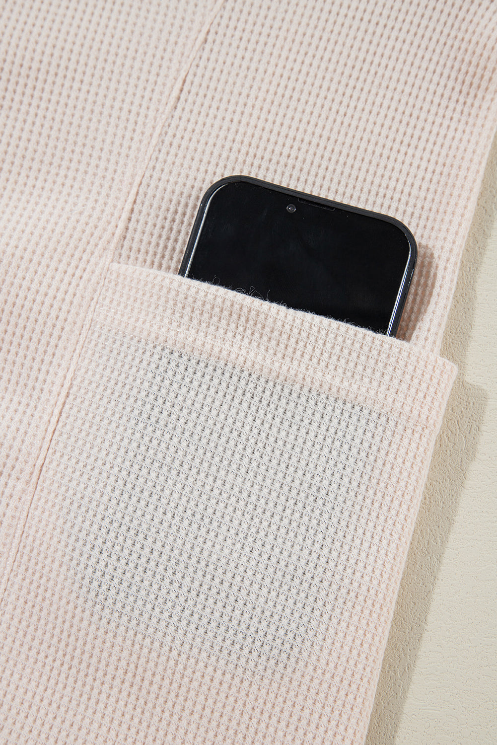 Pink Waffle Long Sleeve Collared Half Button Relaxed Fit Top