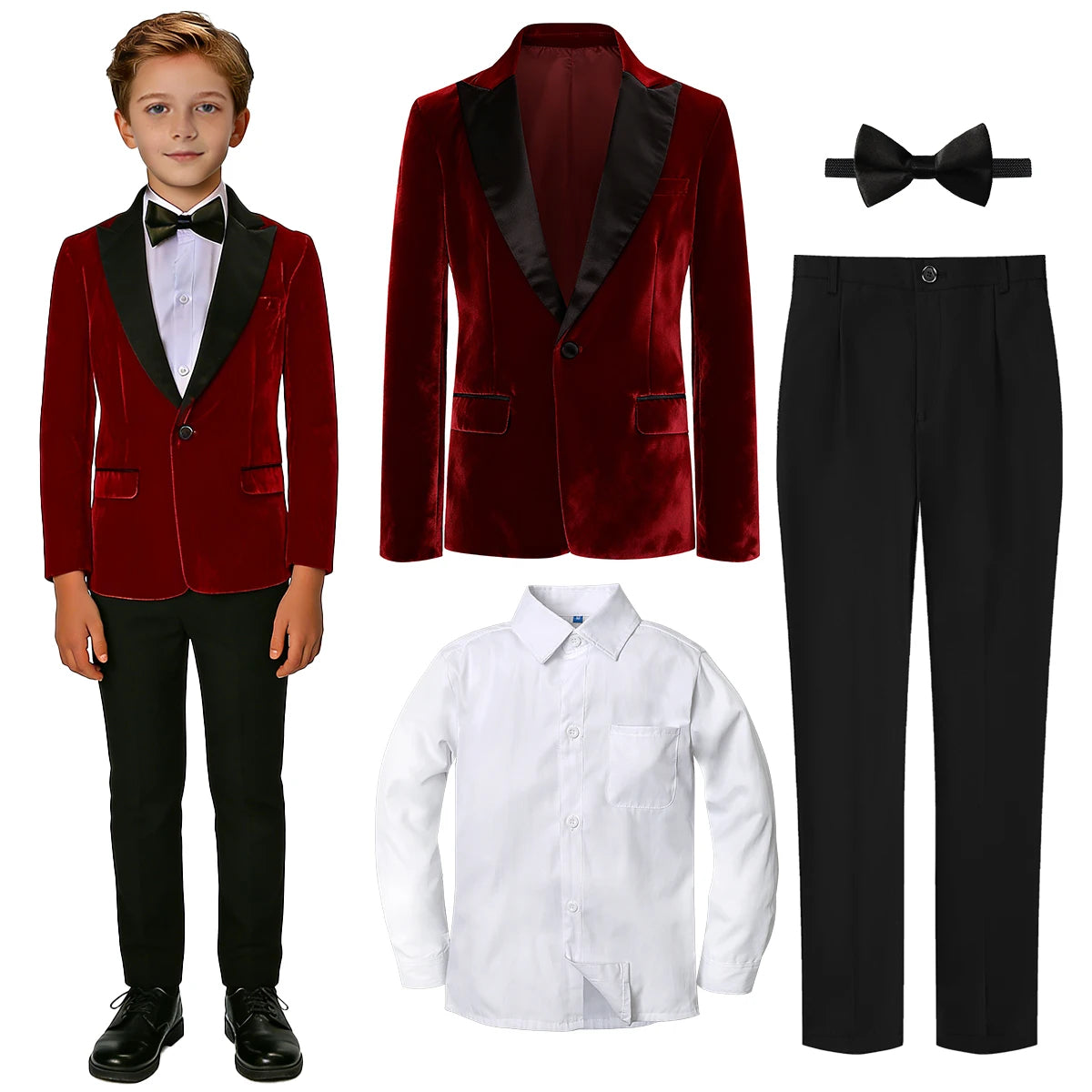 Boys Tuxedo Velvet Blazer Kids Suit Red Christmas New Year Party Gift Clothes Fromal Black  Xmas Birthday Wedding Outifit