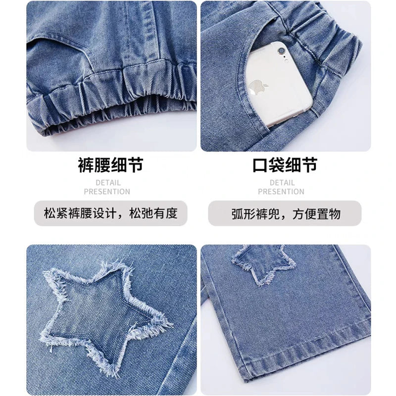Teen Girls Wide Leg Cargo Jeans Spring Autumn Fashion Kids Casual