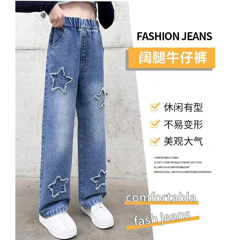 Teen Girls Wide Leg Cargo Jeans Spring Autumn Fashion Kids Casual