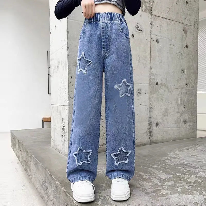 Teen Girls Wide Leg Cargo Jeans Spring Autumn Fashion Kids Casual