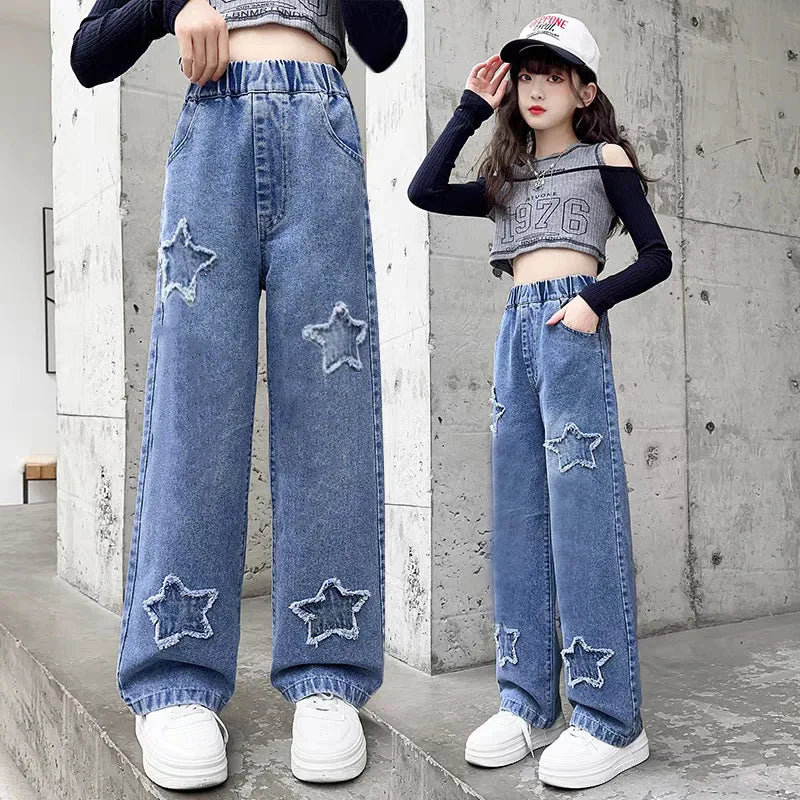 Teen Girls Wide Leg Cargo Jeans Spring Autumn Fashion Kids Casual
