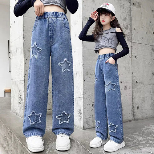 Teen Girls Wide Leg Cargo Jeans Spring Autumn Fashion Kids Casual
