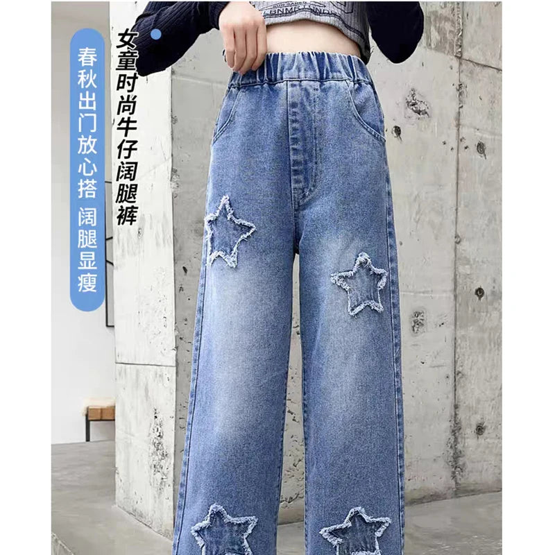 Teen Girls Wide Leg Cargo Jeans Spring Autumn Fashion Kids Casual