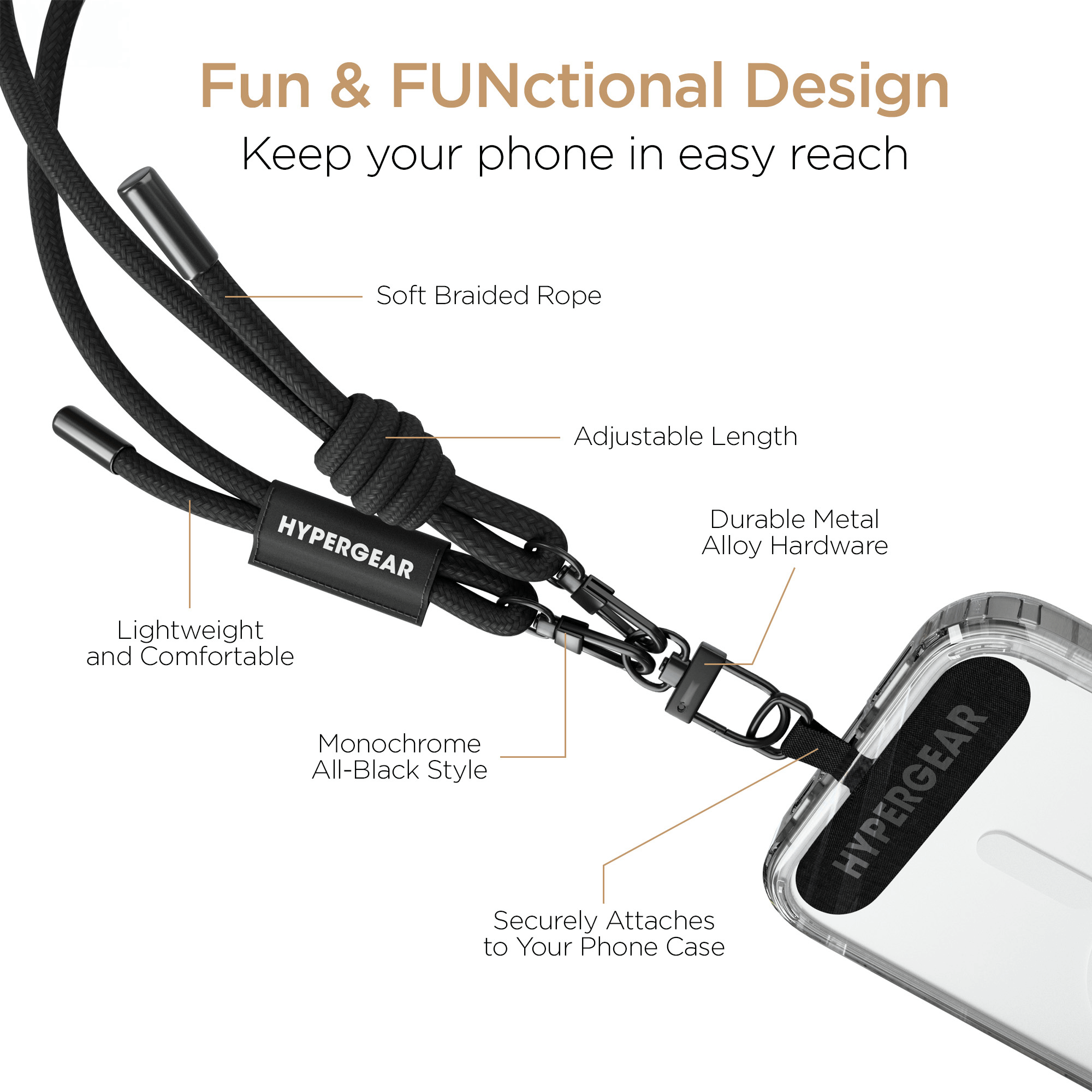 HyperGear TECHcessories Black Braided Rope Universal Crossbody Phone