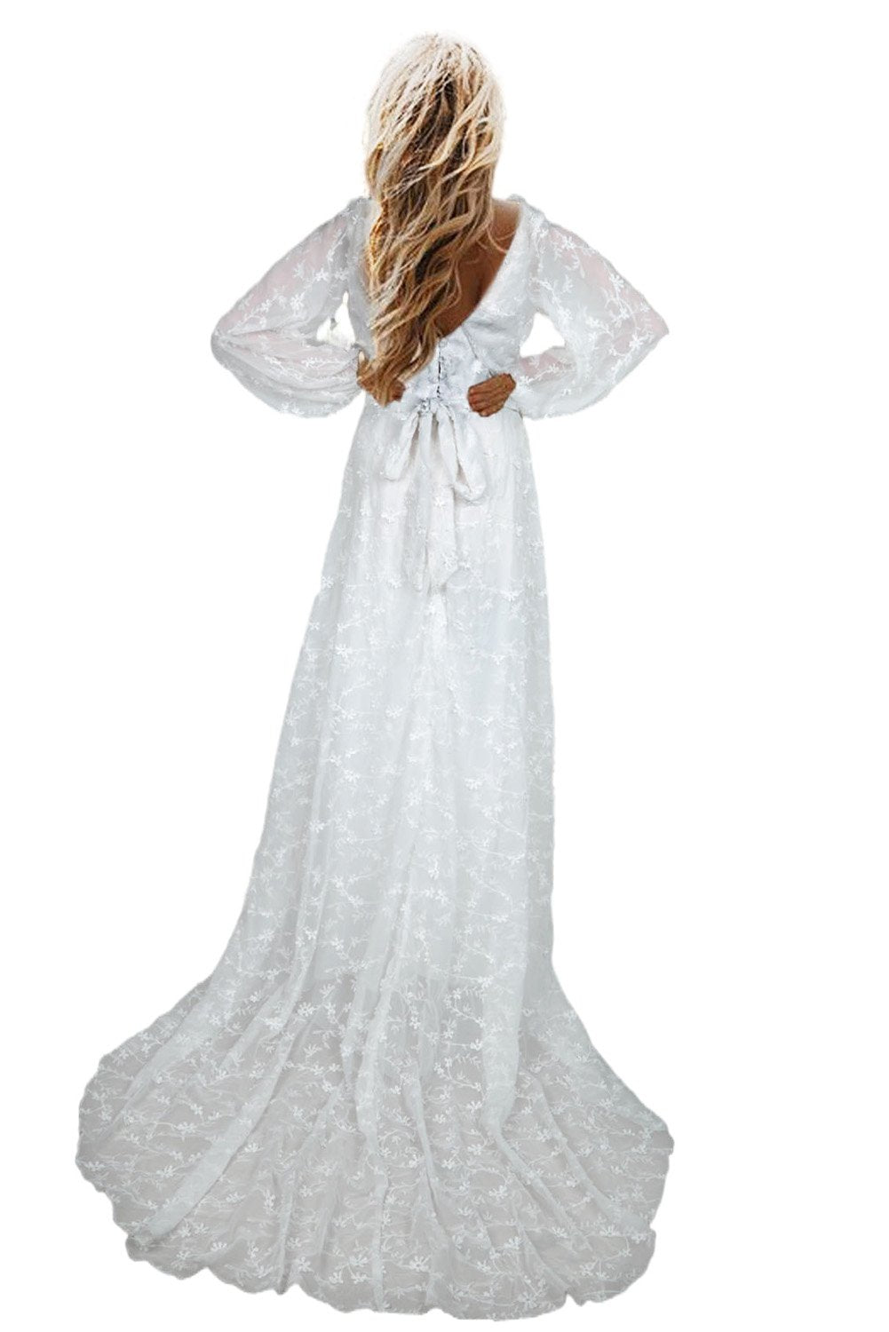 Bishop Sleeves Embroidered Lace Wedding Evening Dress